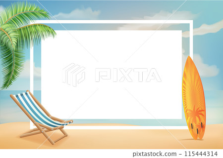 summer poster with sea beach and sunny sky vector illustration 115444314