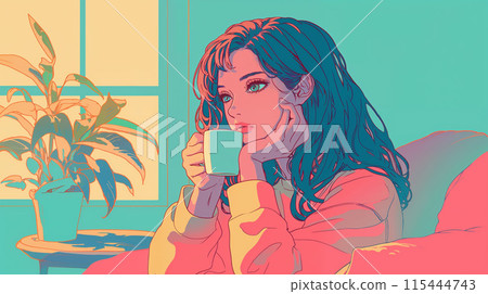 A woman standing by the window, holding a coffee cup and looking into the distance 115444743