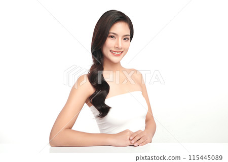 Beautiful young asian woman with clean fresh skin on white background, Face care, Facial treatment, Cosmetology, beauty and spa, Asian women portrait. Beautiful young asian woman with clean fresh skin on white background, Face care, Facial treatment, Cosmetology, beauty and spa, Asian women portrait. 115445089