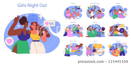 Girls Night Out set. Female friends going out together to celebrate with selfies, cocktails, and karaoke. Bachelorette, night club party with DJ. Flat vector illustration Girls Night Out set. Female friends going out together to celebrate with selfies, cocktails, and karaoke. Bachelorette, night club party with DJ. Flat vector illustration 115445109