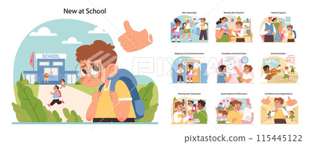 New at school concept. Students first day experience and interactions at unknown place. Making friends, learning routines, getting accustomed to local rules. Flat vector illustration New at school concept. Students first day experience and interactions at unknown place. Making friends, learning routines, getting accustomed to local rules. Flat vector illustration 115445122