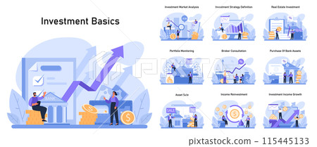 Investment basics set. Financial growth strategies, market analysis, and asset management. Essential concepts for portfolio building and income investment. Flat vector illustration. Investment basics set. Financial growth strategies, market analysis, and asset management. Essential concepts for portfolio building and income investment. Flat vector illustration. 115445133