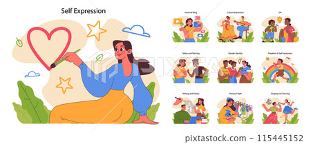 Self expression set. Creative individuals showcasing identity and passions. Personal blogging, cultural dances, crafting. Expressive hobbies visualized. Flat vector illustration 115445152