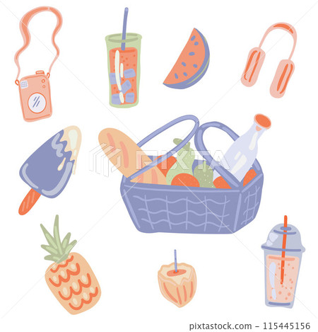 Summer picnic flat design set with basket beverages watermelon and ice cream 115445156
