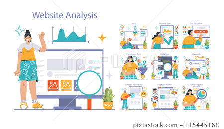 Website analysis set. Conversion rate and traffic analysis. Experts analyzing website performance. User engagement strategy. SEO optimization. Flat vector illustration Website analysis set. Conversion rate and traffic analysis. Experts analyzing website performance. User engagement strategy. SEO optimization. Flat vector illustration 115445168