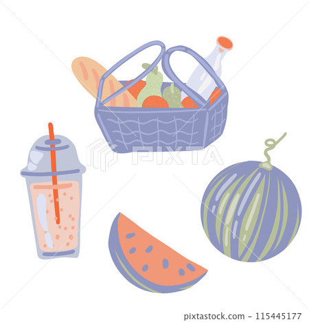 Summer time picnic with watermelon and beverages Summer time picnic with watermelon and beverages 115445177