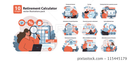 Retirement Calculator set. Navigating financial planning for golden years. Secure savings strategy, pension fund growth, managing retirement income. Flat vector illustration. Retirement Calculator set. Navigating financial planning for golden years. Secure savings strategy, pension fund growth, managing retirement income. Flat vector illustration. 115445179