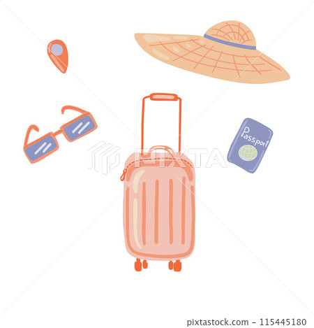 Summer travel set with glasses suitcase suitcase passport and point flat design 115445180