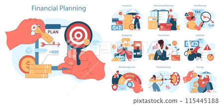 Financial planning set. Strategic financial planning and effective money management. Achieving financial goals and ensuring economic stability. Flat vector illustration Financial planning set. Strategic financial planning and effective money management. Achieving financial goals and ensuring economic stability. Flat vector illustration 115445188