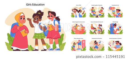 Girls education set. Diverse girls engaging in learning activities. Girls in STEM, gender equality, scholarships, supportive school environment. Challenges in girls education. Flat vector illustration Girls education set. Diverse girls engaging in learning activities. Girls in STEM, gender equality, scholarships, supportive school environment. Challenges in girls education. Flat vector illustration 115445191