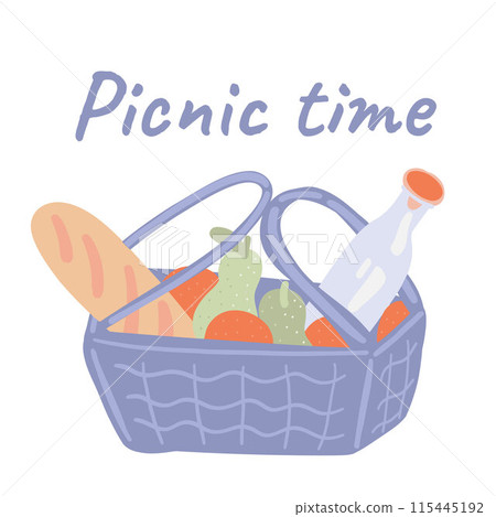 Picnic basket with baguette and bottle Picnic basket with baguette and bottle 115445192