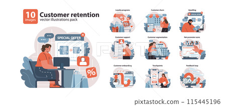Customer retention set. Strategies boosting client loyalty, from onboarding to feedback. Loyalty programs, upselling, and churn management. Flat vector illustration. Customer retention set. Strategies boosting client loyalty, from onboarding to feedback. Loyalty programs, upselling, and churn management. Flat vector illustration. 115445196