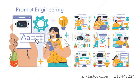 Prompt-engineers writing a command to a artificial neuron network set. Artificial intelligence development. Character using AI to create a text or an image. Flat vector illustration Prompt-engineers writing a command to a artificial neuron network set. Artificial intelligence development. Character using AI to create a text or an image. Flat vector illustration 115445224