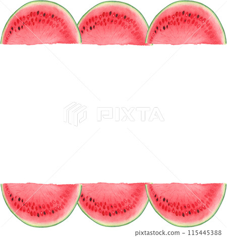 Watermelon slice with a few seeds horizontal frame. Watercolor illustration isolated on white background, hand drawn for food design. Packages, juice, smoothie, menu, organic food, ice cream label Watermelon slice with a few seeds horizontal frame. Watercolor illustration isolated on white background, hand drawn for food design. Packages, juice, smoothie, menu, organic food, ice cream label 115445388