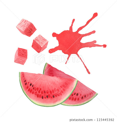 Watermelon slices and pink cubes and juicy splash. Watercolor set isolated on white background, hand drawn for food design. Packages, juice, drinks, smoothie, menu, organic food, ice cream label, logo Watermelon slices and pink cubes and juicy splash. Watercolor set isolated on white background, hand drawn for food design. Packages, juice, drinks, smoothie, menu, organic food, ice cream label, logo 115445392