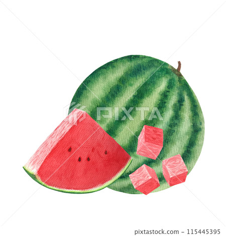 Watermelon whole, juicy slice and cubes. Watercolor composition isolated on white background, hand drawn for food design. Packages, juice, smoothie, drinks, menu, organic food, ice cream label, logo 115445395