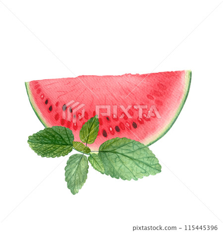 Watermelon whole, juicy slice with mint. Watercolor composition isolated on white background, hand drawn for food design. Packages, juice, smoothie, menu, organic food, ice cream label, drinks, logo 115445396
