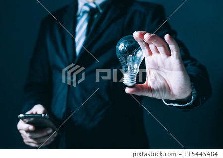 person hand holding power lightbulb and pretend to think, inspiration, creativity and imagination concept, innovation technology success business. Digital transformation. 115445484