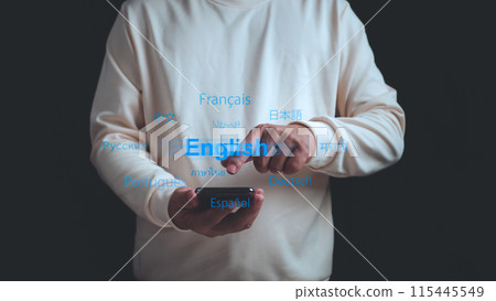 Person use smartphone with Translator app, Translator app, language course and e-learning concept, Translation or translate on the mobile app worldwide language conversation speaking concept. Person use smartphone with Translator app, Translator app, language course and e-learning concept, Translation or translate on the mobile app worldwide language conversation speaking concept. 115445549