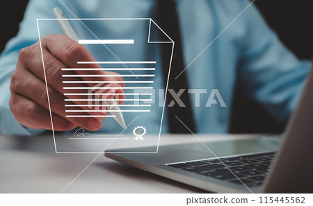 Electronic signature concept, Businessman signing agreement document or electronic contract document, Digital documents and checklist approval, Future business contract signing, Paperless office. 115445562