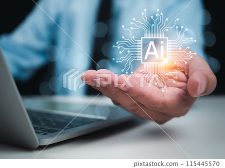 User hand showing AI chip represents Artificial intelligence innovation and global online network connection for access to digital service, Cyber security, Training artificial intelligence. User hand showing AI chip represents Artificial intelligence innovation and global online network connection for access to digital service, Cyber security, Training artificial intelligence. 115445570