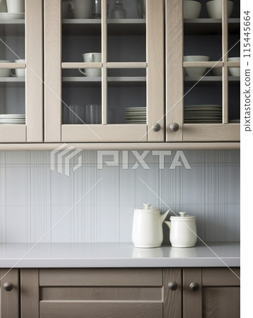 Fragment of kitchen design interior, beige cupboards with white crockery, color palette, vertical image. 115445664