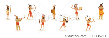 Indian Man and Woman Native Character with Feather Armed with Weapon Vector Set Indian Man and Woman Native Character with Feather Armed with Weapon Vector Set 115445711