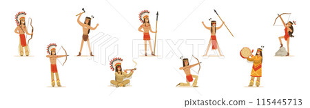 Indian Man and Woman Native Character with Feather Armed with Weapon Vector Set Indian Man and Woman Native Character with Feather Armed with Weapon Vector Set 115445713