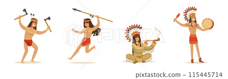 Indian Man Native Character with Feather Armed with Weapon Vector Set 115445714