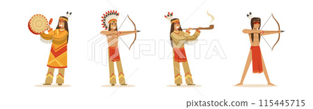 Indian Man Native Character with Feather Armed with Weapon Vector Set 115445715