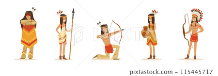 Indian Man and Woman Native Character with Feather Armed with Weapon Vector Set Indian Man and Woman Native Character with Feather Armed with Weapon Vector Set 115445717