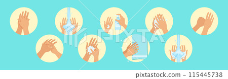 Clean Hands Hygiene and Wash Procedure Step Vector Set 115445738