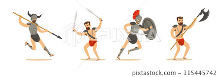 Man Spartan Powerful Warrior Character with Sword and Spear Vector Set Man Spartan Powerful Warrior Character with Sword and Spear Vector Set 115445742