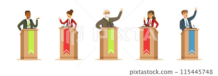 Man and Woman Speakers Speaking Behind Podium with Microphone Vector Set Man and Woman Speakers Speaking Behind Podium with Microphone Vector Set 115445748