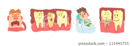 Toothache and Visit to Dental Clinic with Funny Cartoon Character Vector Set 115445755