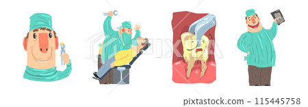 Toothache and Visit to Dental Clinic with Funny Cartoon Character Vector Set Toothache and Visit to Dental Clinic with Funny Cartoon Character Vector Set 115445758