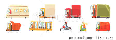 Man Driver Driving Bus, Scooter, Lorry and Truck as City Transport Vector Set 115445762