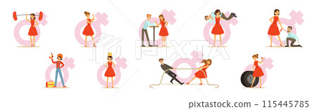 Strong Woman Character In Red Dress Have Power Vector Set 115445785