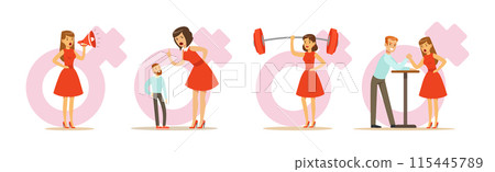 Strong Woman Character In Red Dress Have Power Vector Set 115445789