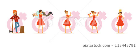 Strong Woman Character In Red Dress Have Power Vector Set Strong Woman Character In Red Dress Have Power Vector Set 115445791
