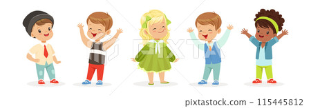 Little Kids Wearing Different Fashion Clothes Fitting New Stylish Look Vector Set Little Kids Wearing Different Fashion Clothes Fitting New Stylish Look Vector Set 115445812