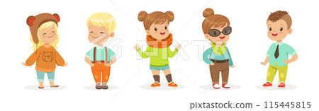 Little Kids Wearing Different Fashion Clothes Fitting New Stylish Look Vector Set 115445815
