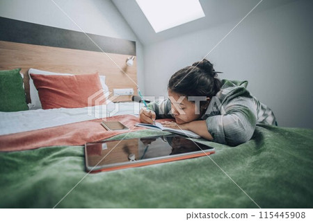 typical study moment where a student uses both her tablet and notebook, set in a well-lit, organized study space 115445908