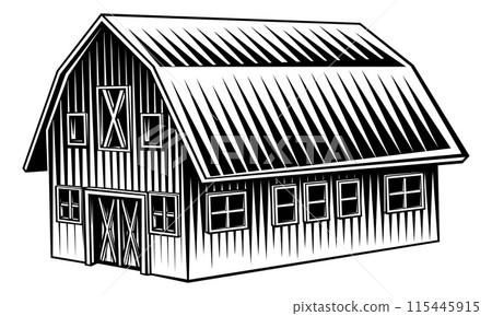 Farm Barn Rural Building in Vintage Woodcut Style Farm Barn Rural Building in Vintage Woodcut Style 115445915