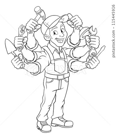 Handyman Cartoon Handy Man Caretaker Multitasking Handyman Cartoon Handy Man Caretaker Multitasking 115445916