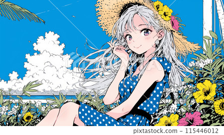 A young woman on a sunny summer day in a tropical seaside park with cumulonimbus clouds in the background 115446012