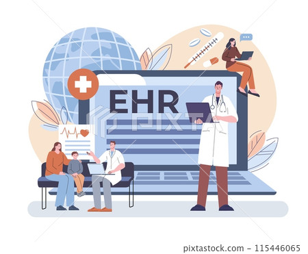 Ehr concept. Electronic medical record, doctor with laptop and info on screen. Healthcare, smart modern hospital technologies, kicky vector scene Ehr concept. Electronic medical record, doctor with laptop and info on screen. Healthcare, smart modern hospital technologies, kicky vector scene 115446065