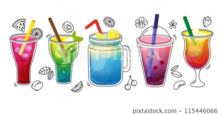 Doodle smoothies. Fresh fruit and berries drinks. Hand drawn refreshment beverages, summer smoothie in glass with ice, neoteric vector set 115446066