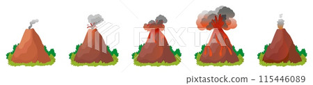 Volcano eruption. Volcanoes on different stages of erupt. Mountains with lava, magma, fire fountains, ashes and smokes. Neoteric nature vector elements Volcano eruption. Volcanoes on different stages of erupt. Mountains with lava, magma, fire fountains, ashes and smokes. Neoteric nature vector elements 115446089
