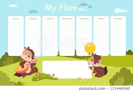 Children planner template with chipmunks. Cartoon chipmunk play music and hold balloon. Notes page or to do list, nowaday vector design Children planner template with chipmunks. Cartoon chipmunk play music and hold balloon. Notes page or to do list, nowaday vector design 115446090